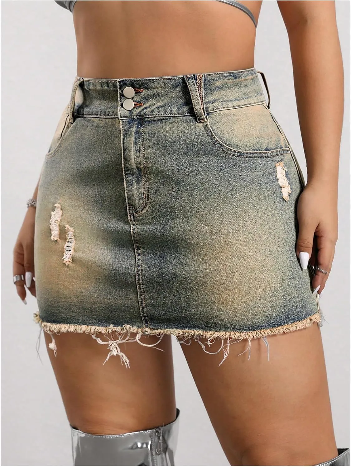 WDIRARA Women's Plus Size Distressed Denim Skirt Frayed High Waist Bodycon Mini Jean Skirts with Pockets