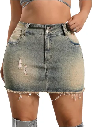 WDIRARA Women's Plus Size Distressed Denim Skirt Frayed High Waist Bodycon Mini Jean Skirts with Pockets