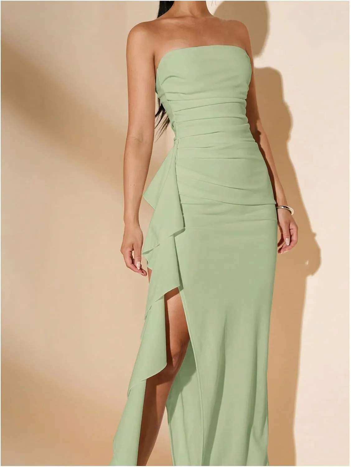 WDIRARA Women's Ruffle High Split Strapless Bodycon Dress Cocktail Wedding Party Maxi Dresses