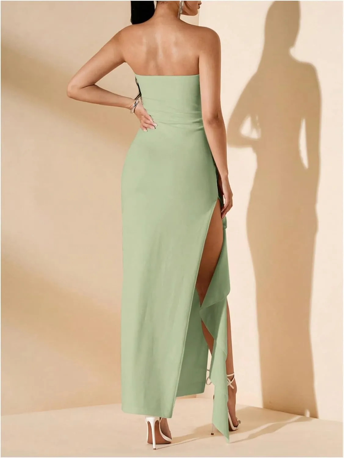WDIRARA Women's Ruffle High Split Strapless Bodycon Dress Cocktail Wedding Party Maxi Dresses