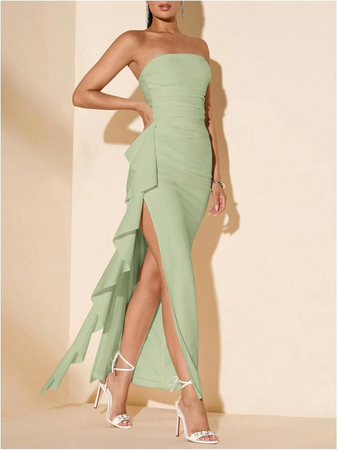 WDIRARA Women's Ruffle High Split Strapless Bodycon Dress Cocktail Wedding Party Maxi Dresses