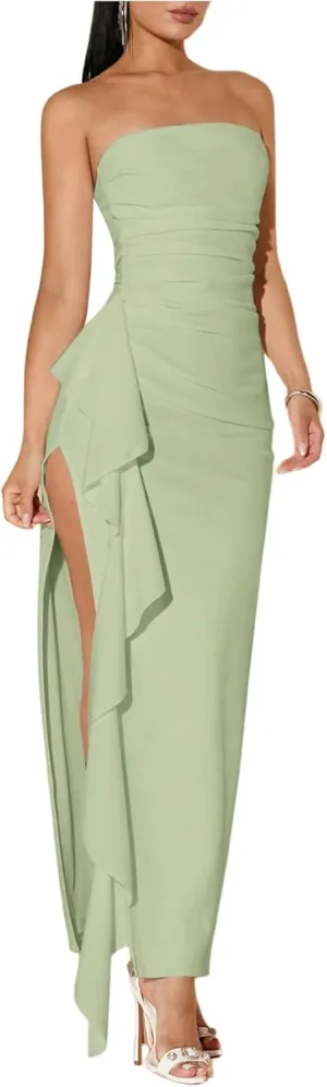 WDIRARA Women's Ruffle High Split Strapless Bodycon Dress Cocktail Wedding Party Maxi Dresses