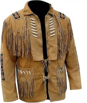 Western Genuine Suede Leather Jacket Men Native American Beaded Tassel Top Brown Fringe Cowboy Jacket for Sale