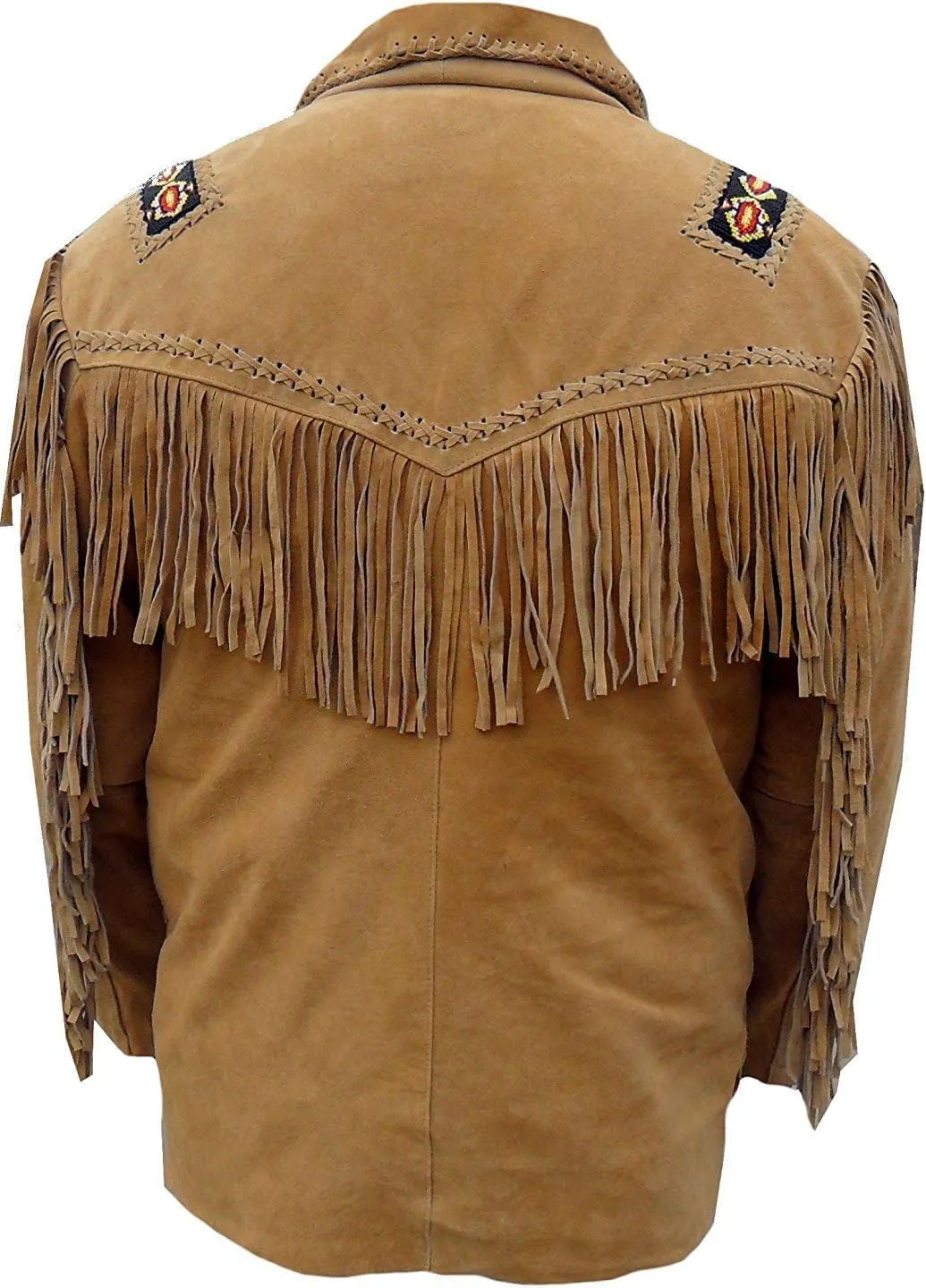 Western Genuine Suede Leather Jacket Men Native American Beaded Tassel Top Brown Fringe Cowboy Jacket for Sale