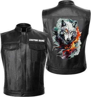 White Fire Wolf, Animal Art Motif Wolf, Motorcycle Custom Men PU Leather Vest Jacket