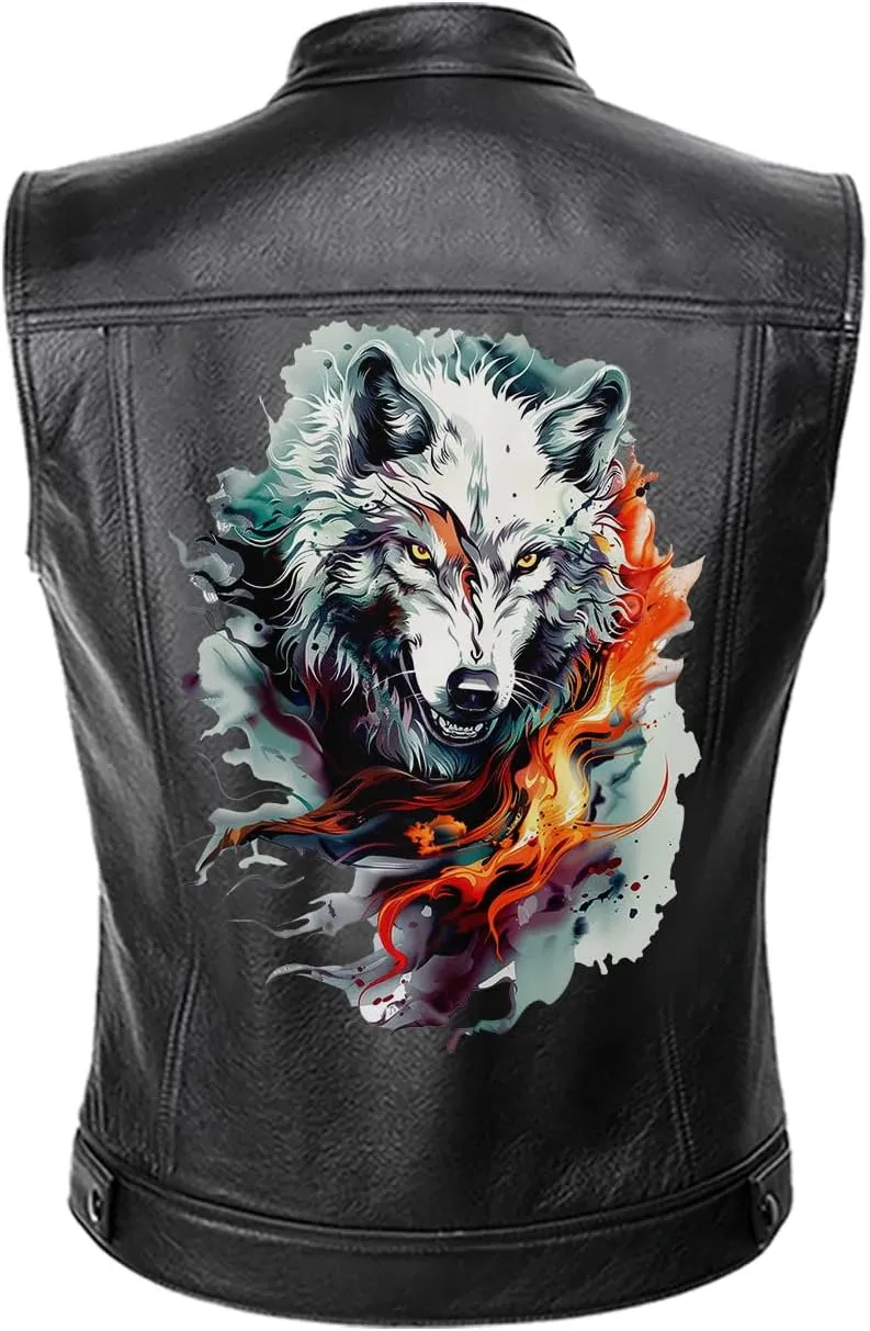 White Fire Wolf, Animal Art Motif Wolf, Motorcycle Custom Men PU Leather Vest Jacket