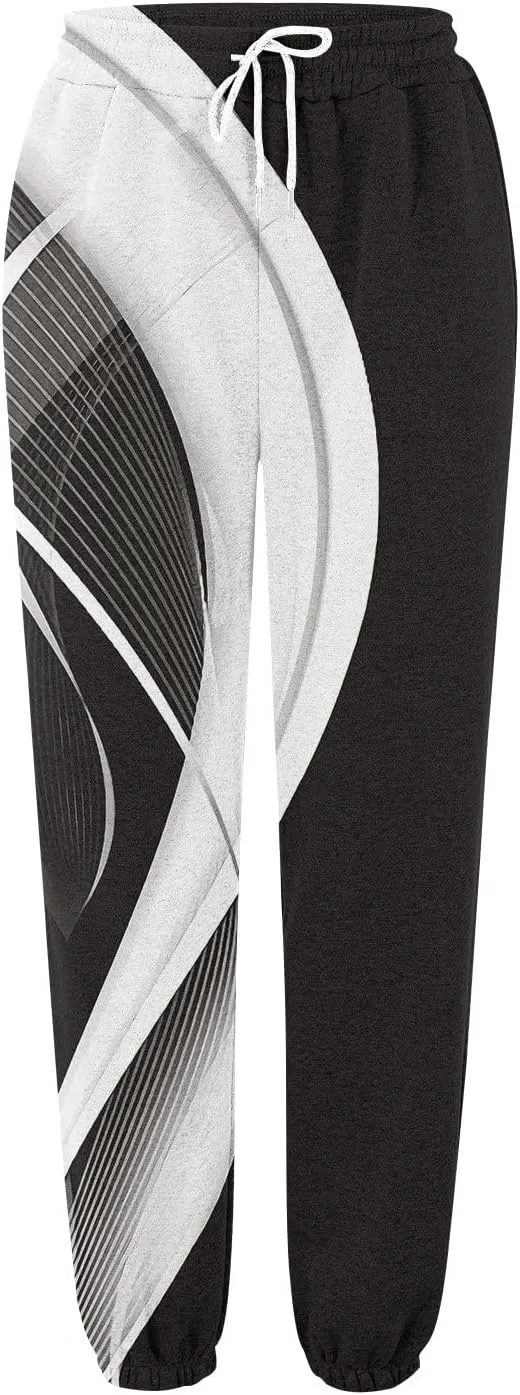 Wide Leg Sweatpants for Women Print High Waist Trouser with Pocket Cinch Bottom Pants Casual Athletic Pants