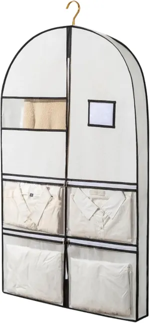 Wide Suit Cover Bags, Garment Bag with 4 Pockets, Large Capacity, Suitable for Uniforms, Dance Clothes, Dresses, Down Jackets(White,60x10x125cm/24x3x49in)