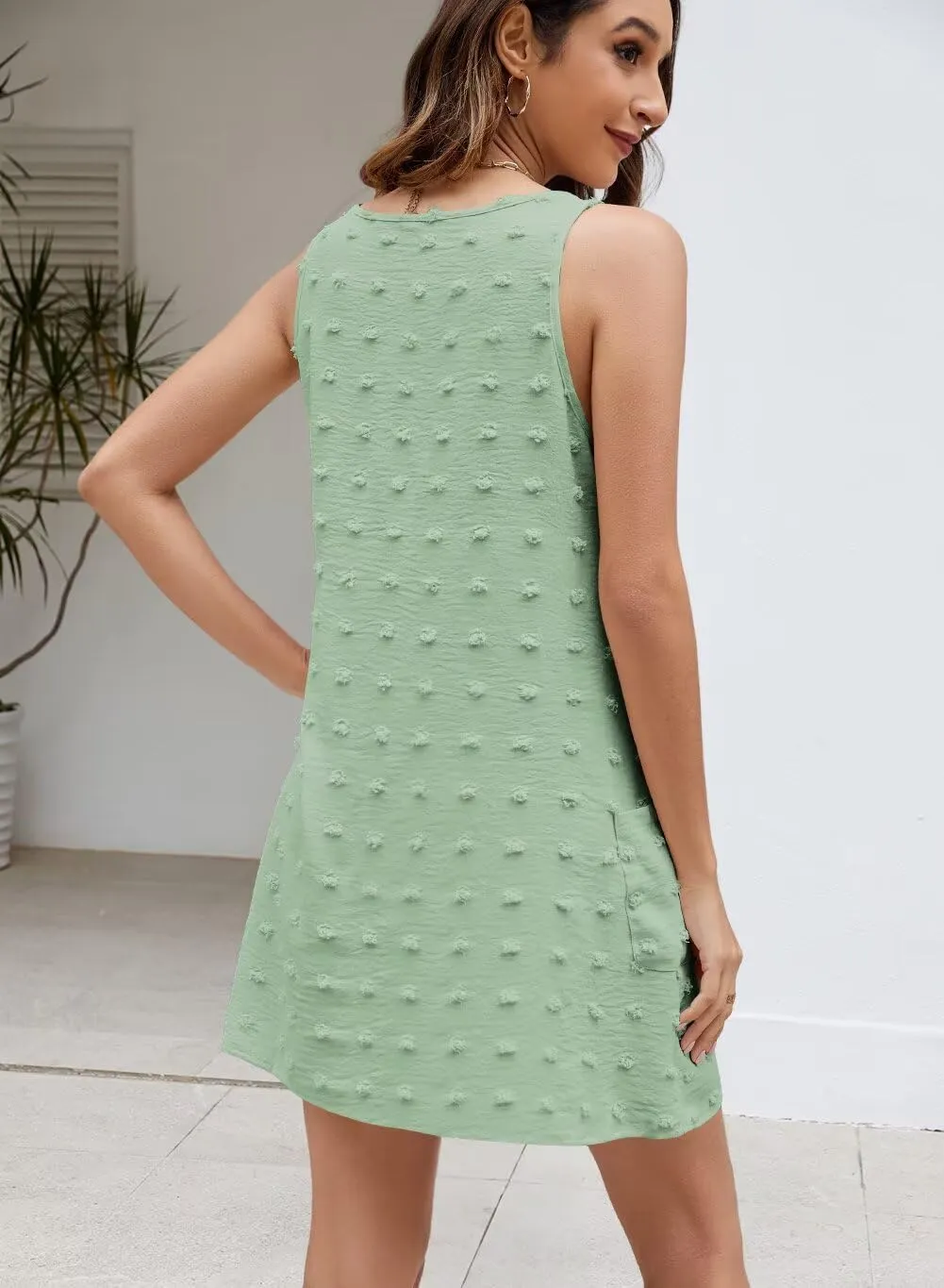 Wkior Womens Casual Summer Sundress 2025 Swiss Polka Dot Beach Swimsuit Cover Up V Neck Vacation Tank Dress with Pockets