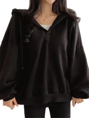 Women Bat Sleeve Oversized Hoodie V Neck Solid Casual Loose Pullover Long Sleeve Sweatshirts