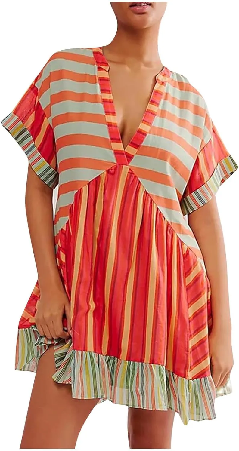 Women Boho Summer Dresses Y2K Babydoll Dress Trendy A-Line Flowy Ruffle Mini Dress Deep V-Neck Casual Floral Sundress