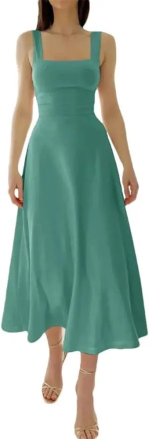 Women Camisole Dress Color Wide Strap Elastic Waist Slim Fit Bodysuit Dresses Casual Party Fit Skirt