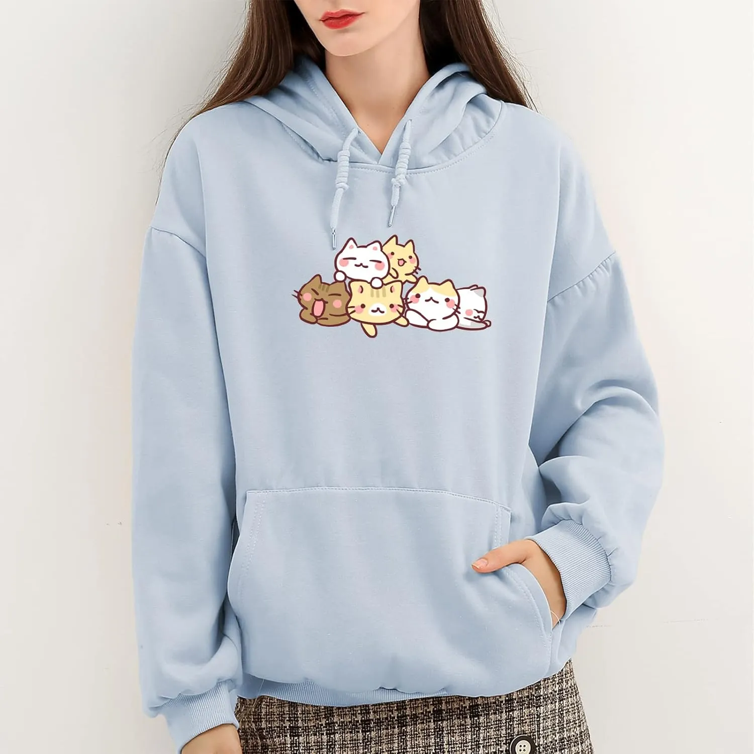 Women Cute cat Sweatshirt Oversized kawaii animal Print Hoodies Long Sleeve pullover Cotton Aesthetics Sweater Girl