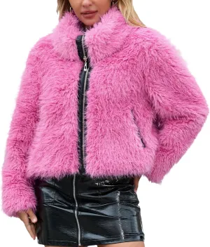 Women Faux Fur Jacket Zip Up Large Turn-Down Collar for Short Jackets Fall and Winter Warm Fluffy Cardigan Coat
