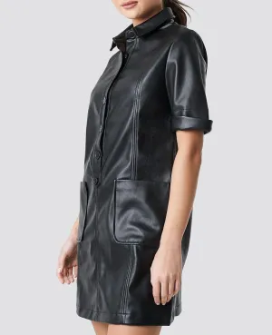 Women Faux Leather Mini Dress Short Sleeve Button Up Lapel Collar Party Shirt Dress with Pockets