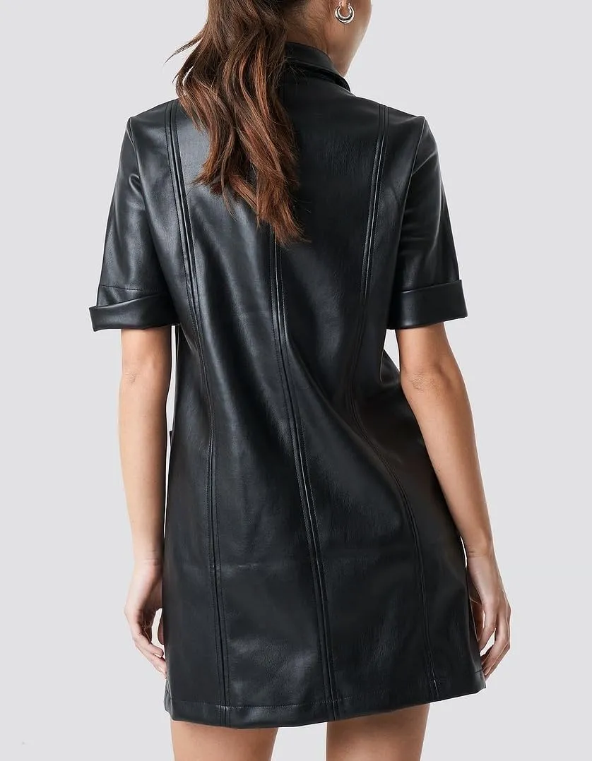 Women Faux Leather Mini Dress Short Sleeve Button Up Lapel Collar Party Shirt Dress with Pockets