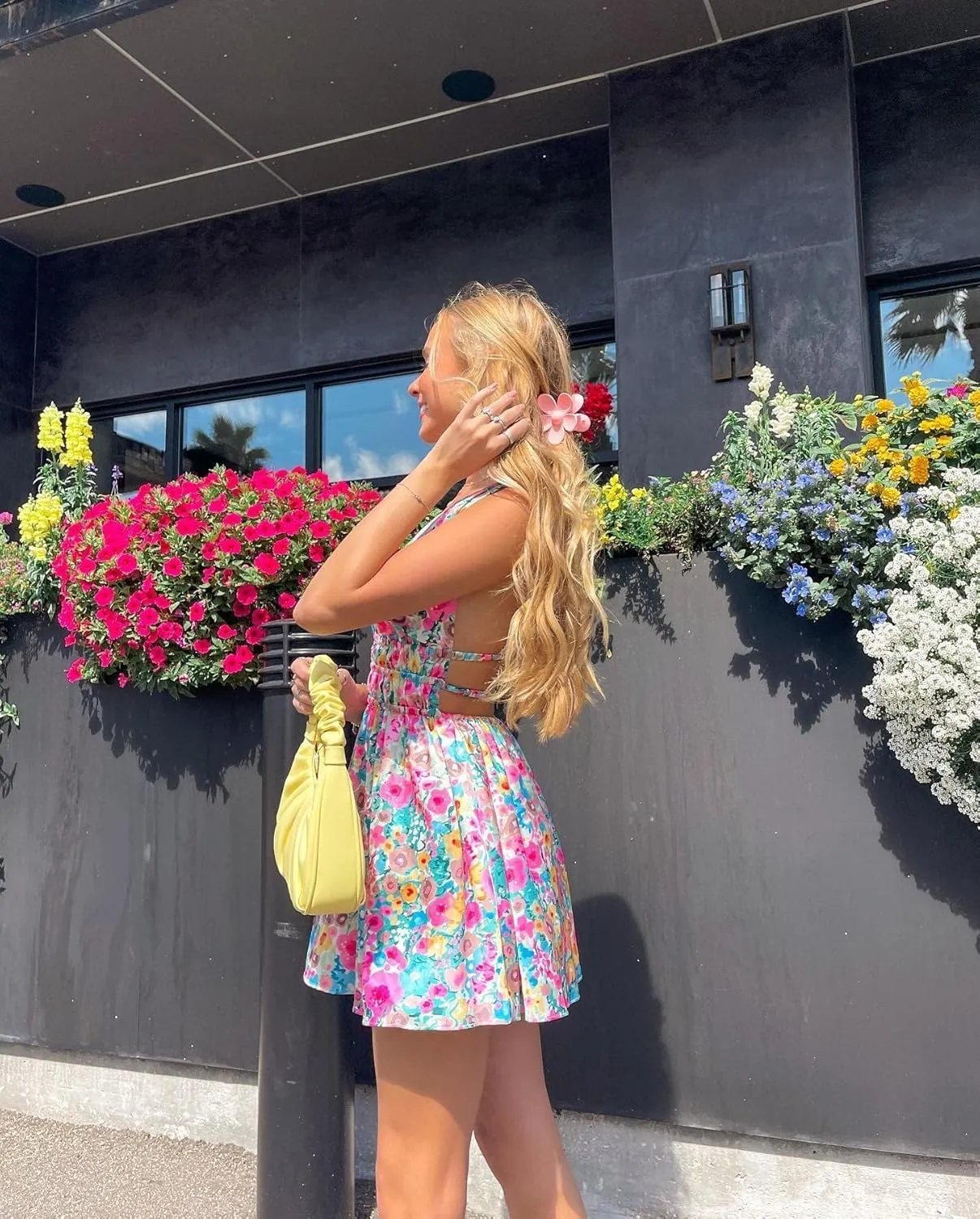 Women Floral Printing Sleeveless Mini Dress Off Shoulder Deep V Neck Slim Spaghetti Strap Bodycon Short Sundress