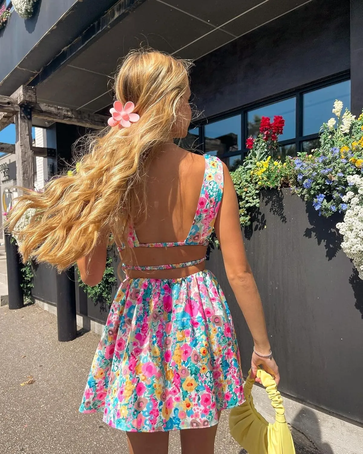 Women Floral Printing Sleeveless Mini Dress Off Shoulder Deep V Neck Slim Spaghetti Strap Bodycon Short Sundress