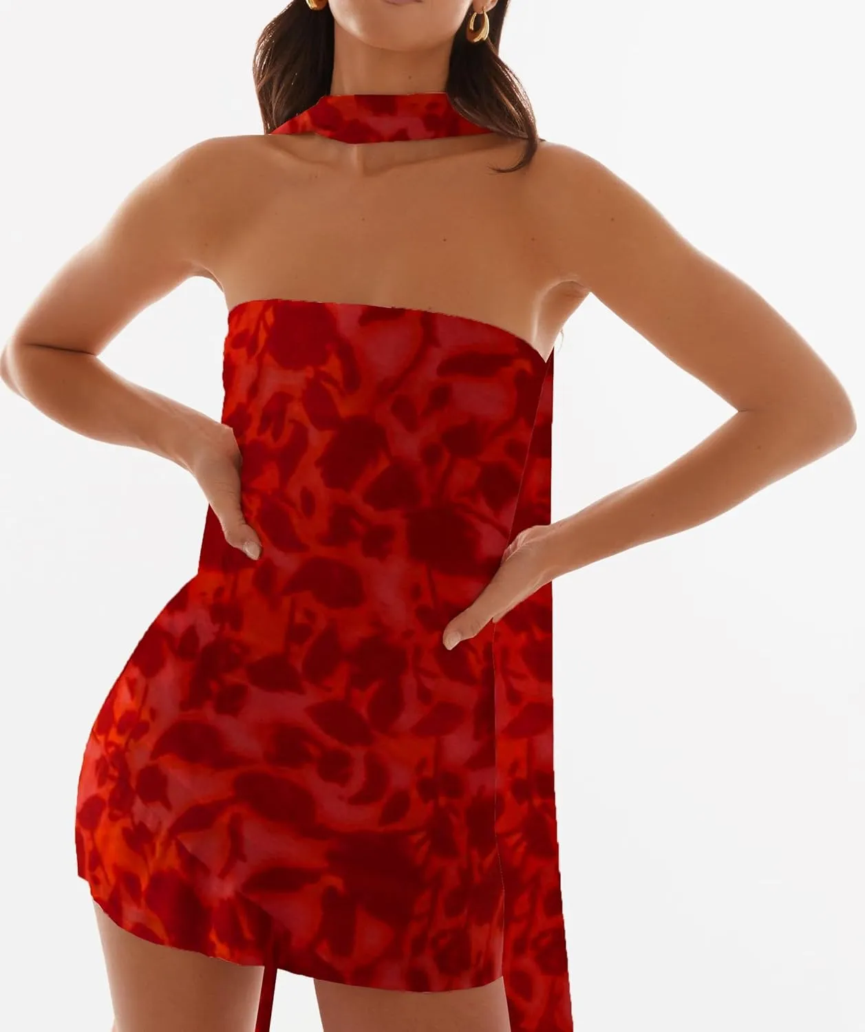 Women Floral Strapless Tube Mini Dress Y2K Flower Backless Bodycon Summer Formal Cocktail Short Dress with Scarf