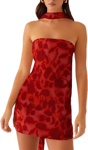 Women Floral Strapless Tube Mini Dress Y2K Flower Backless Bodycon Summer Formal Cocktail Short Dress with Scarf