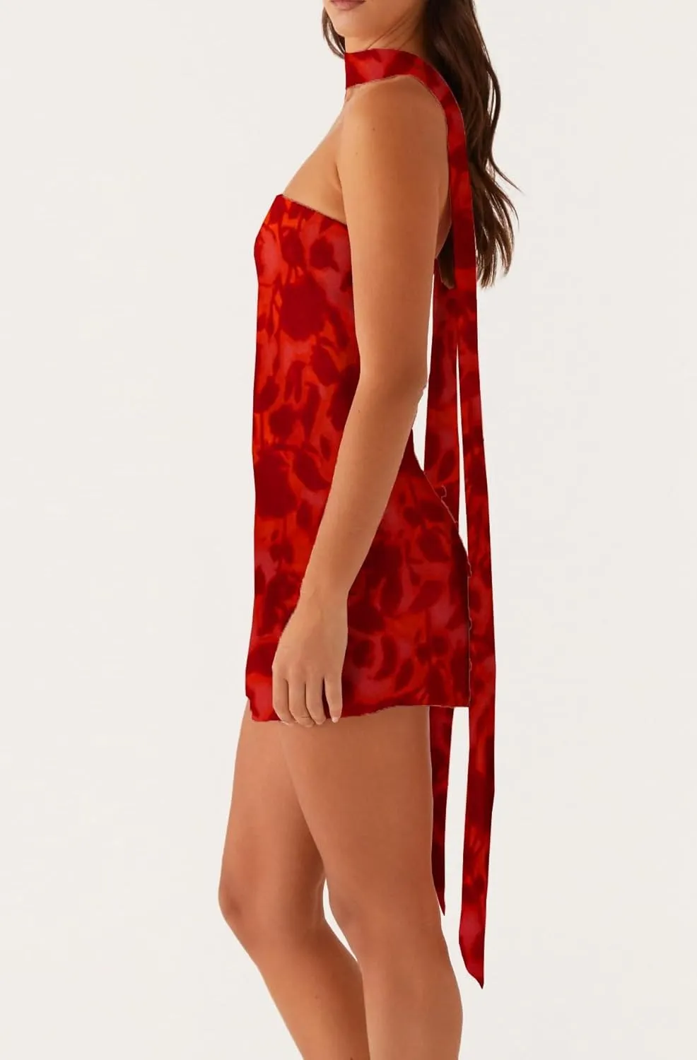 Women Floral Strapless Tube Mini Dress Y2K Flower Backless Bodycon Summer Formal Cocktail Short Dress with Scarf