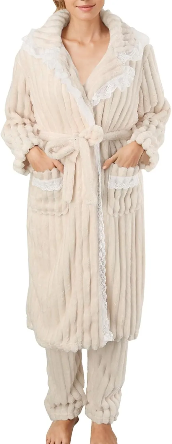 Women Fuzzy Pajama Set Warm Long Sleeve Sleepwear Loungewear Thermal Nightwear With Pockets Women's plus Summer
