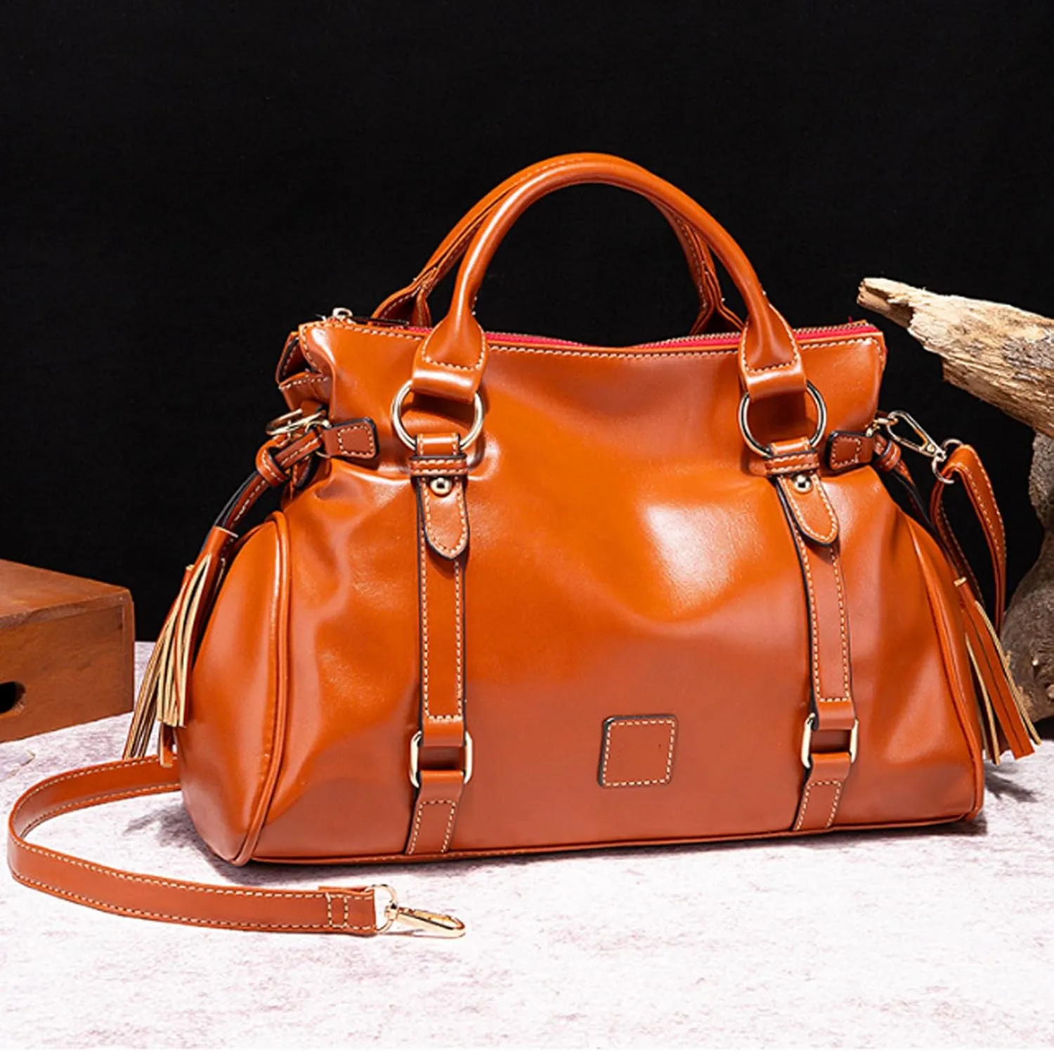 Women Hobo Tote Purse Handbag Faux Leather Top-handle Shoulder Bag with Tassel Pendant Red