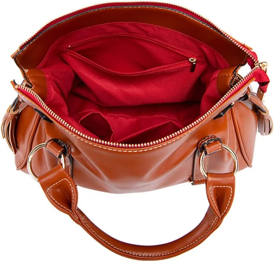 Women Hobo Tote Purse Handbag Faux Leather Top-handle Shoulder Bag with Tassel Pendant Red