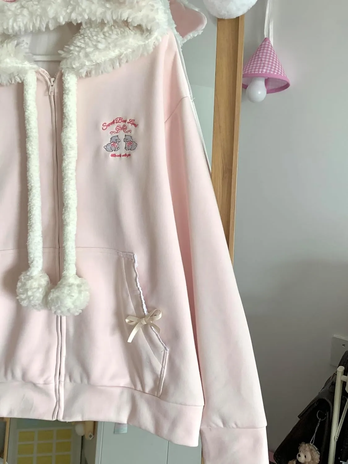 Women Kawaii Zip Up Hoodie Girls Cute Sheep Cartoon Embroidery Harajuku Long Sleeve Hooded Pullover Sweatshirt