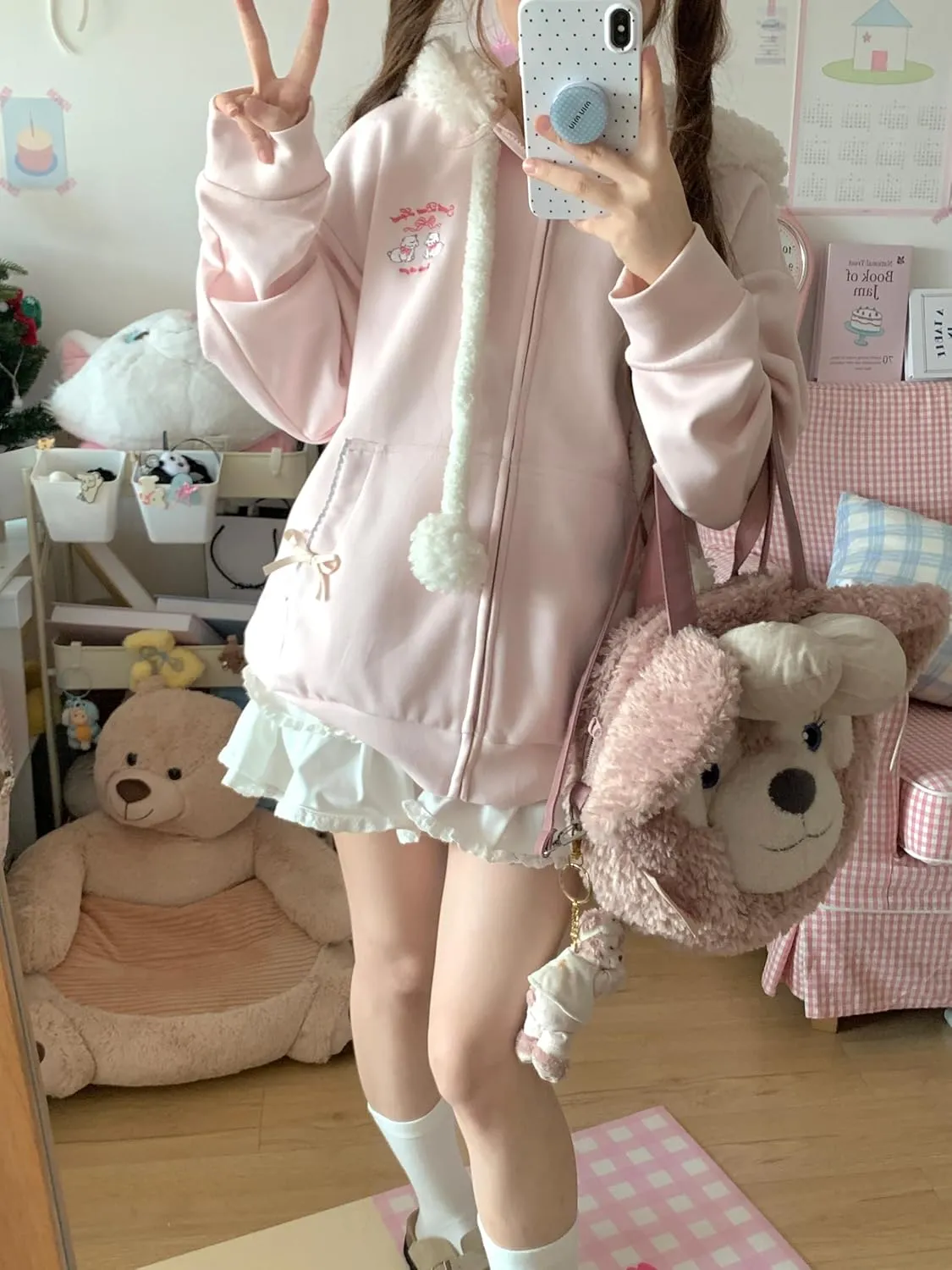 Women Kawaii Zip Up Hoodie Girls Cute Sheep Cartoon Embroidery Harajuku Long Sleeve Hooded Pullover Sweatshirt