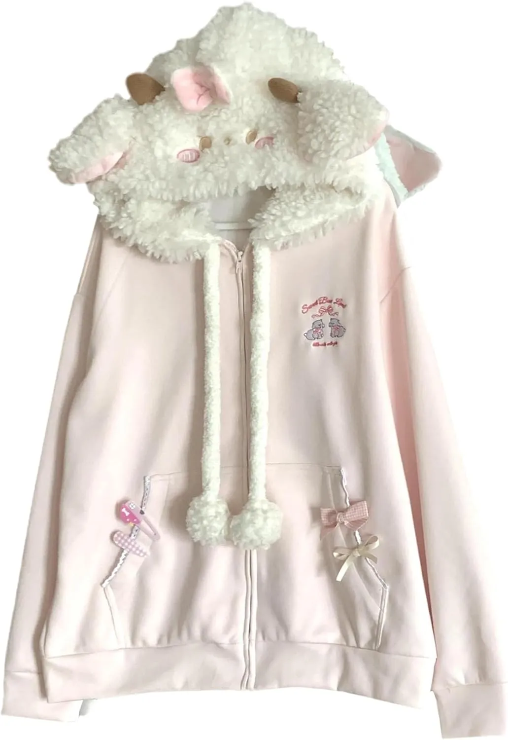 Women Kawaii Zip Up Hoodie Girls Cute Sheep Cartoon Embroidery Harajuku Long Sleeve Hooded Pullover Sweatshirt