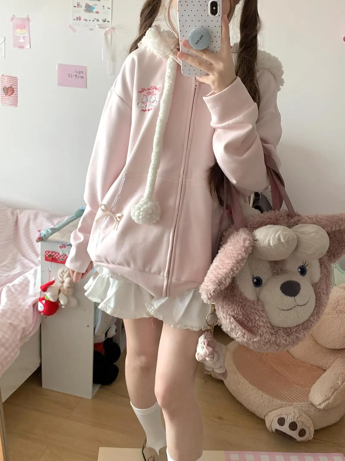 Women Kawaii Zip Up Hoodie Girls Cute Sheep Cartoon Embroidery Harajuku Long Sleeve Hooded Pullover Sweatshirt