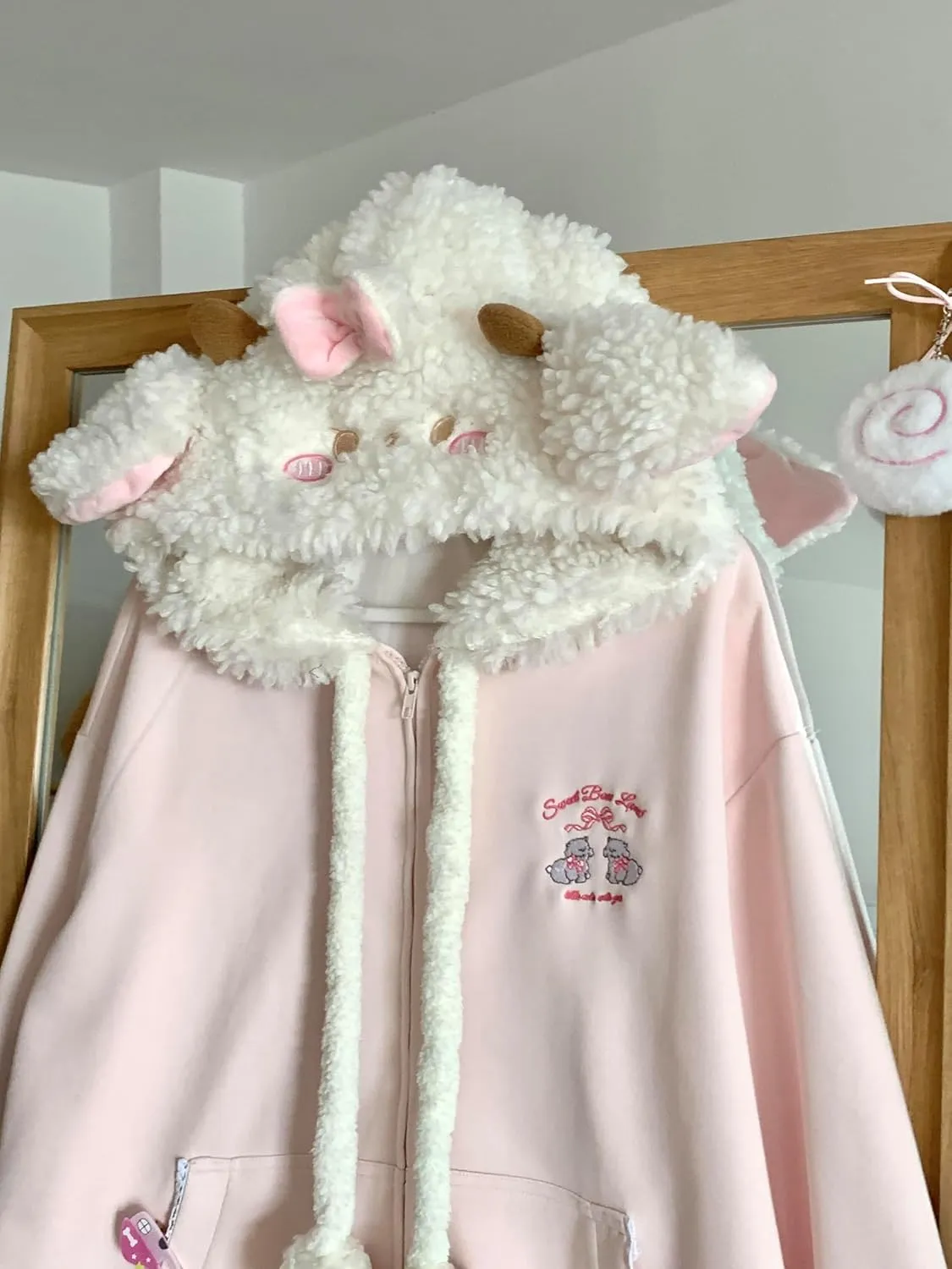 Women Kawaii Zip Up Hoodie Girls Cute Sheep Cartoon Embroidery Harajuku Long Sleeve Hooded Pullover Sweatshirt