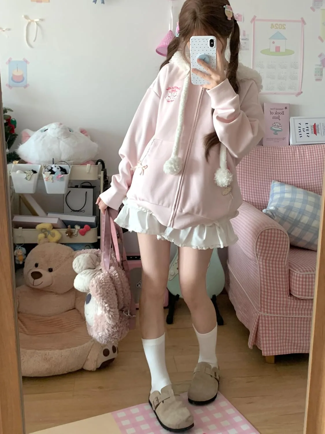 Women Kawaii Zip Up Hoodie Girls Cute Sheep Cartoon Embroidery Harajuku Long Sleeve Hooded Pullover Sweatshirt