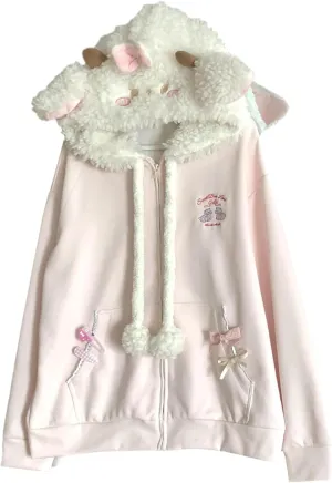 Women Kawaii Zip Up Hoodie Girls Cute Sheep Cartoon Embroidery Harajuku Long Sleeve Hooded Pullover Sweatshirt