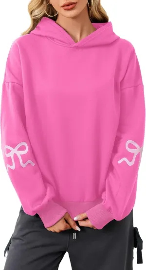 Women Oversized Fleece Bow Trim Print Hoodies Casual Long Sleeve Graphic Hooded Sweatshirt Trendy Fall Pullover Tops