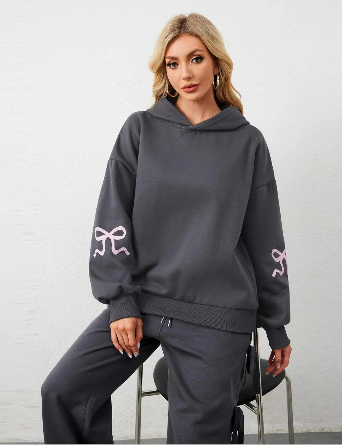 Women Oversized Fleece Bow Trim Print Hoodies Casual Long Sleeve Graphic Hooded Sweatshirt Trendy Fall Pullover Tops