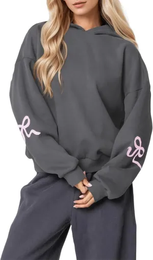 Women Oversized Fleece Bow Trim Print Hoodies Casual Long Sleeve Graphic Hooded Sweatshirt Trendy Fall Pullover Tops