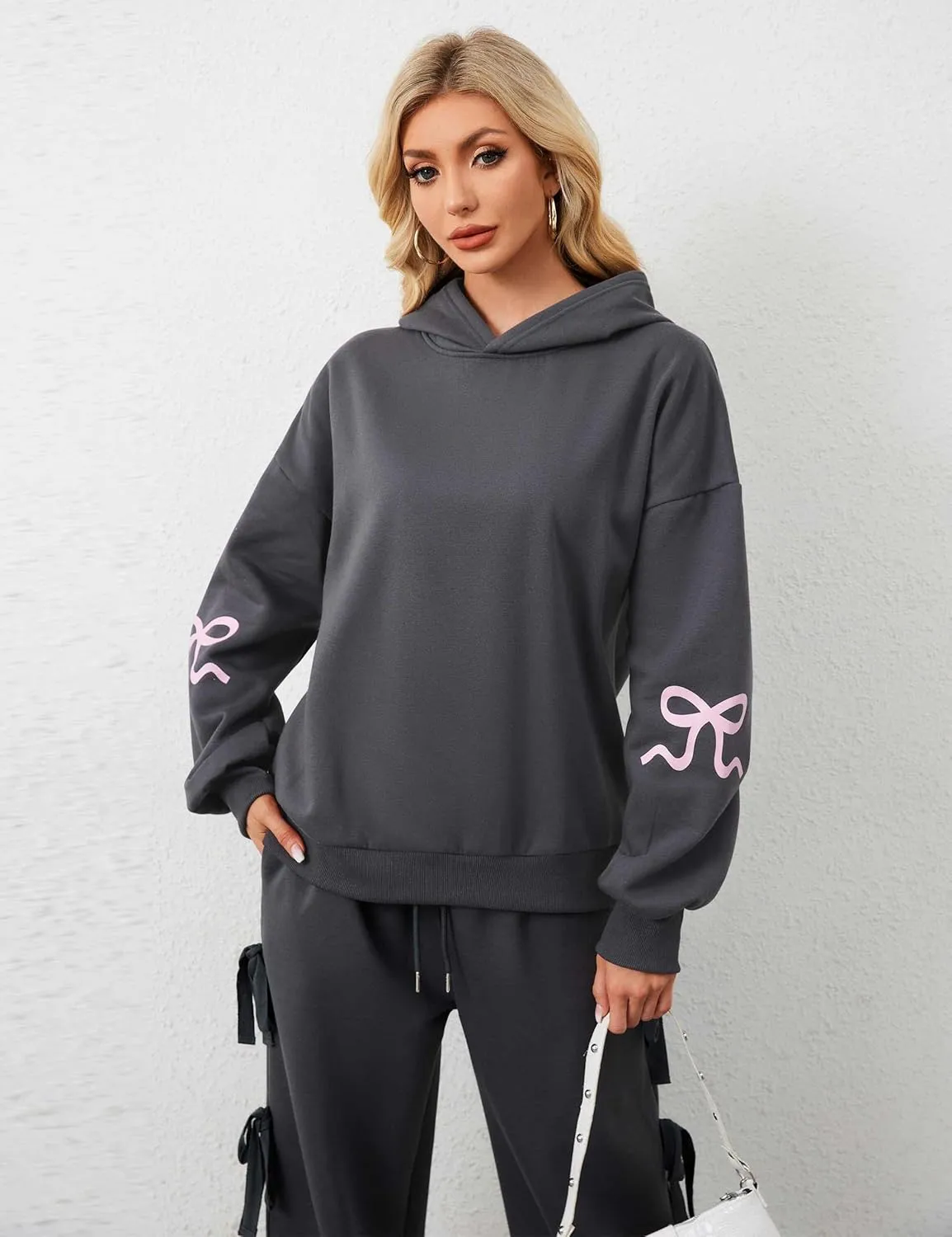 Women Oversized Fleece Bow Trim Print Hoodies Casual Long Sleeve Graphic Hooded Sweatshirt Trendy Fall Pullover Tops