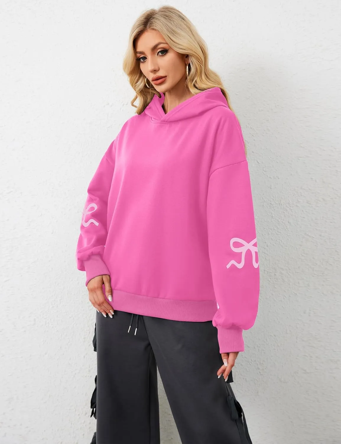 Women Oversized Fleece Bow Trim Print Hoodies Casual Long Sleeve Graphic Hooded Sweatshirt Trendy Fall Pullover Tops