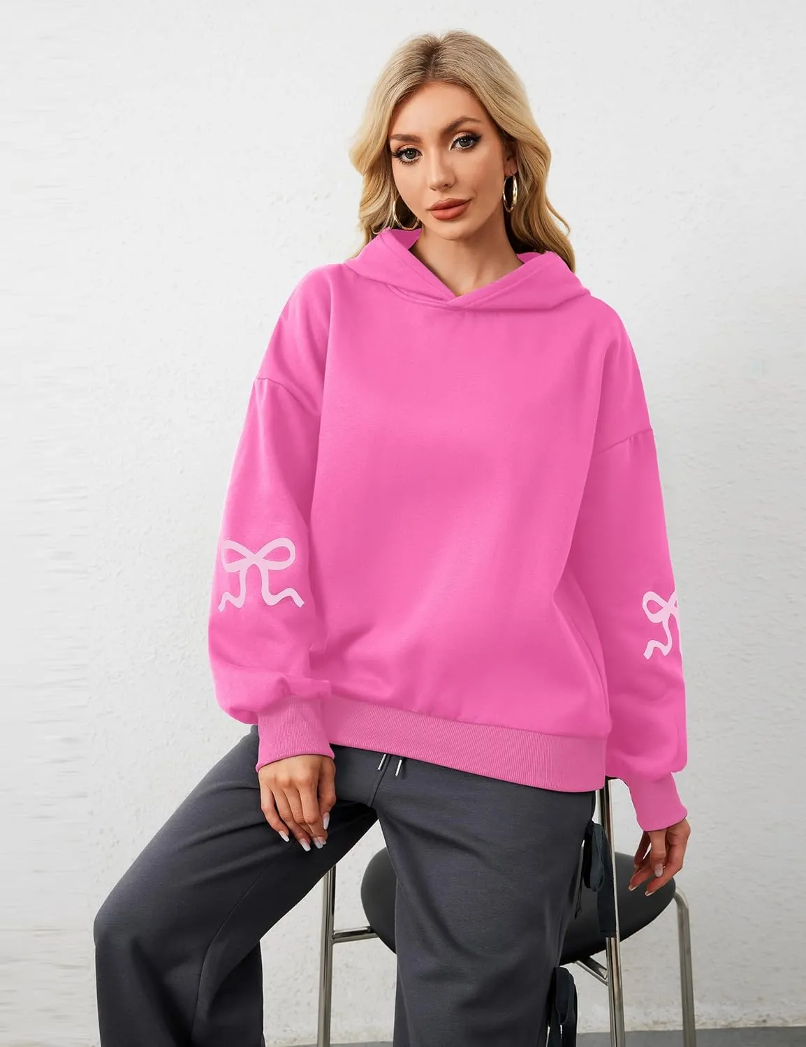 Women Oversized Fleece Bow Trim Print Hoodies Casual Long Sleeve Graphic Hooded Sweatshirt Trendy Fall Pullover Tops