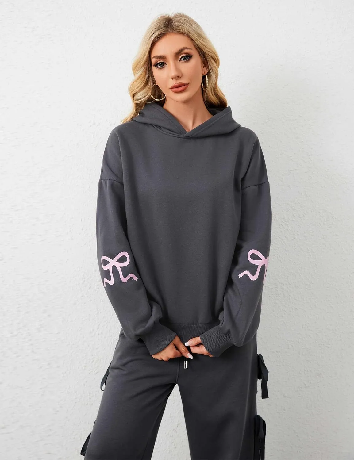 Women Oversized Fleece Bow Trim Print Hoodies Casual Long Sleeve Graphic Hooded Sweatshirt Trendy Fall Pullover Tops