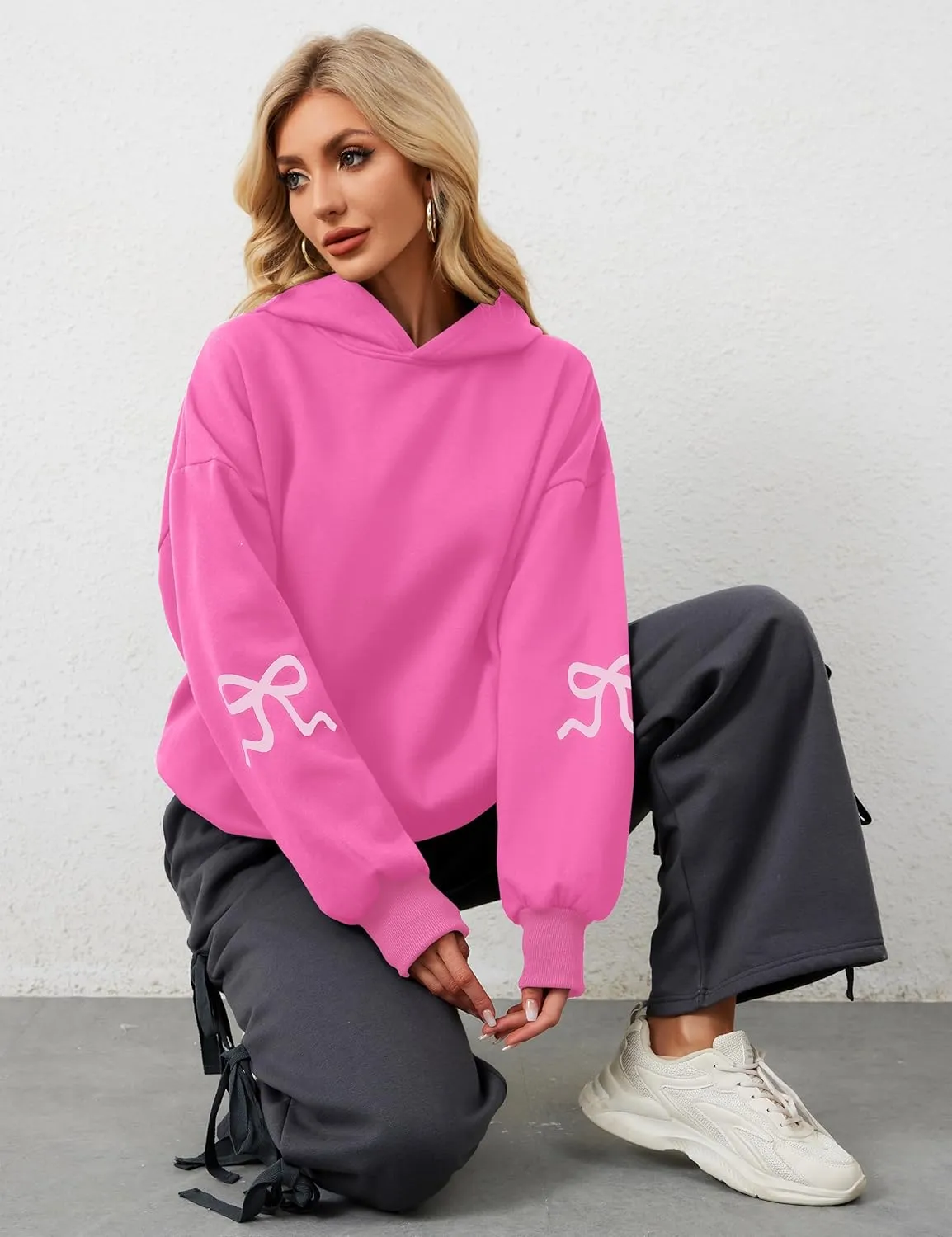 Women Oversized Fleece Bow Trim Print Hoodies Casual Long Sleeve Graphic Hooded Sweatshirt Trendy Fall Pullover Tops