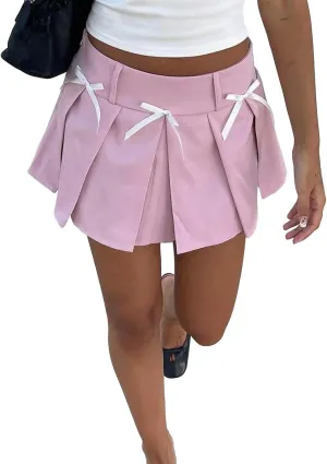 Women Pleated Skirt Casual Summer Cute A-Line Skirt for Beach Streetwear Aesthetic Clothes-Pink-L