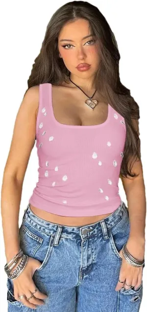 Women Ribbed Sleeveless Water Droplets Diamond Decorated Tank Sexy Casual Bodycon Top