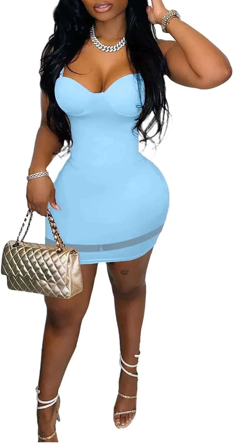 Women Sexy Spaghetti Strap Bodycon Mini Dress Sweetheart Neckline Mesh Hem Short Dresses for Club Party Night