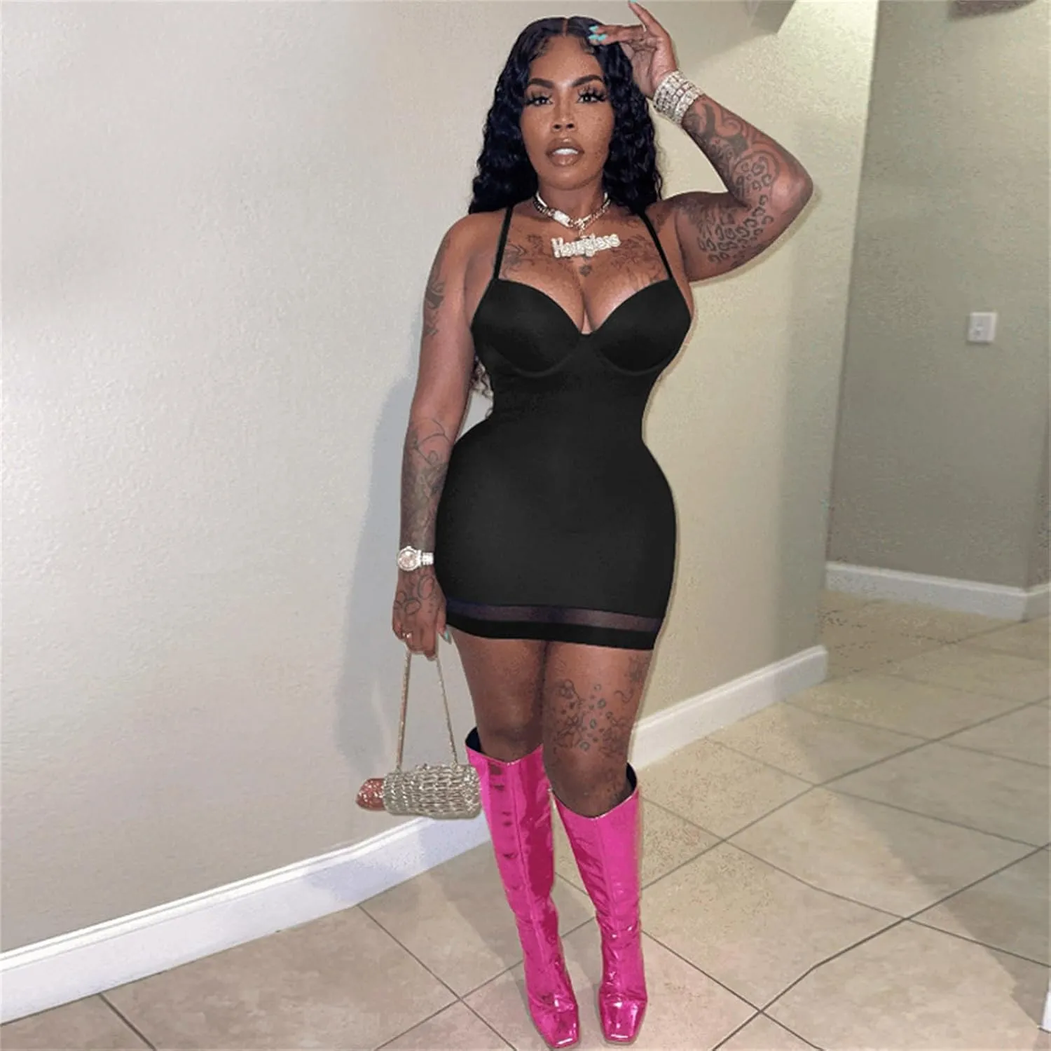 Women Sexy Spaghetti Strap Bodycon Mini Dress Sweetheart Neckline Mesh Hem Short Dresses for Club Party Night