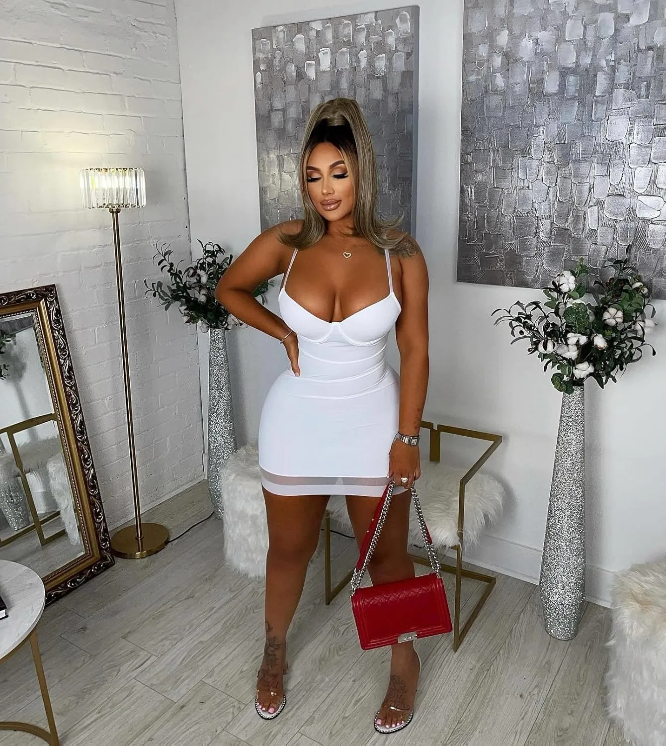 Women Sexy Spaghetti Strap Bodycon Mini Dress Sweetheart Neckline Mesh Hem Short Dresses for Club Party Night