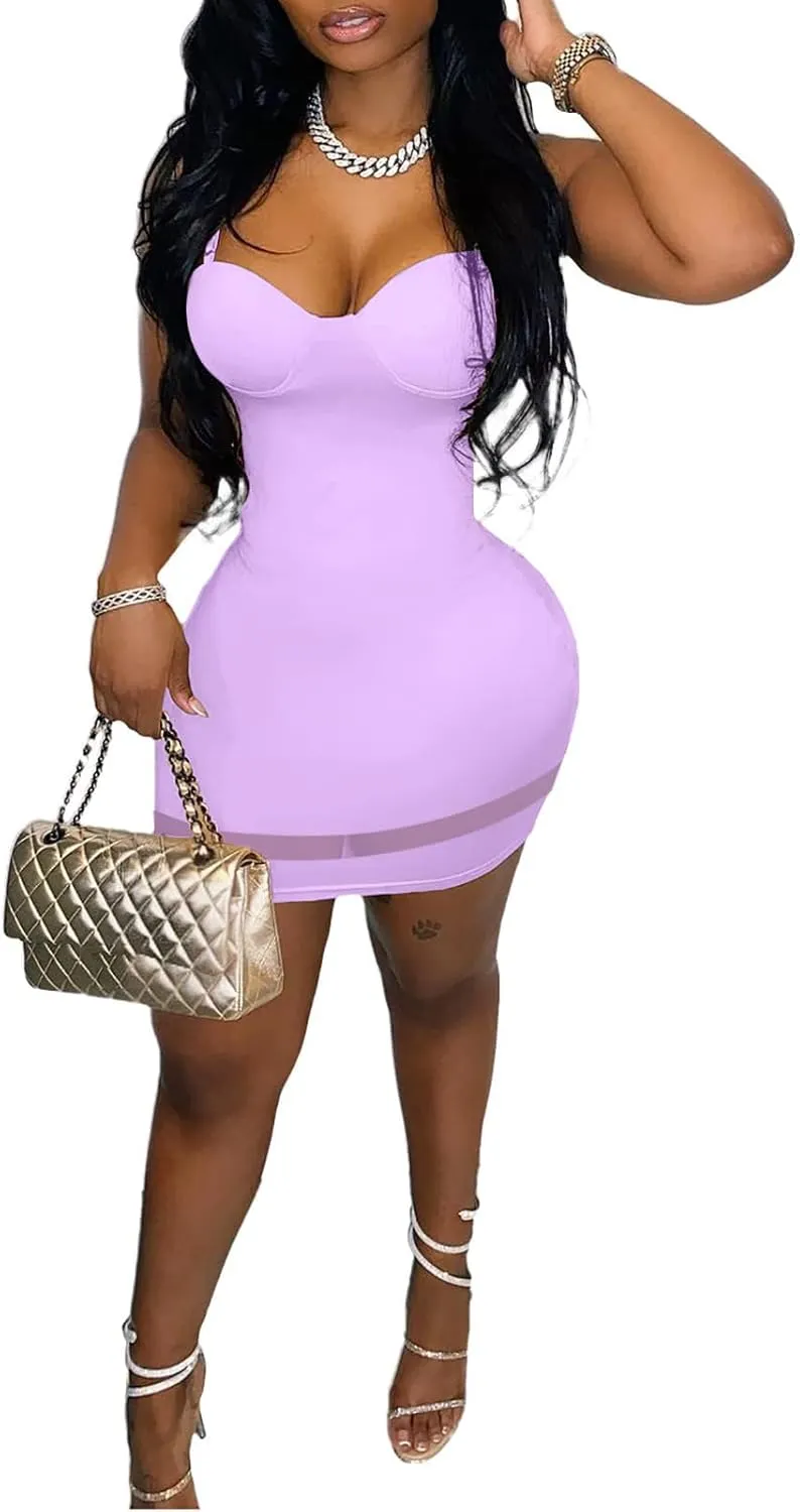 Women Sexy Spaghetti Strap Bodycon Mini Dress Sweetheart Neckline Mesh Hem Short Dresses for Club Party Night
