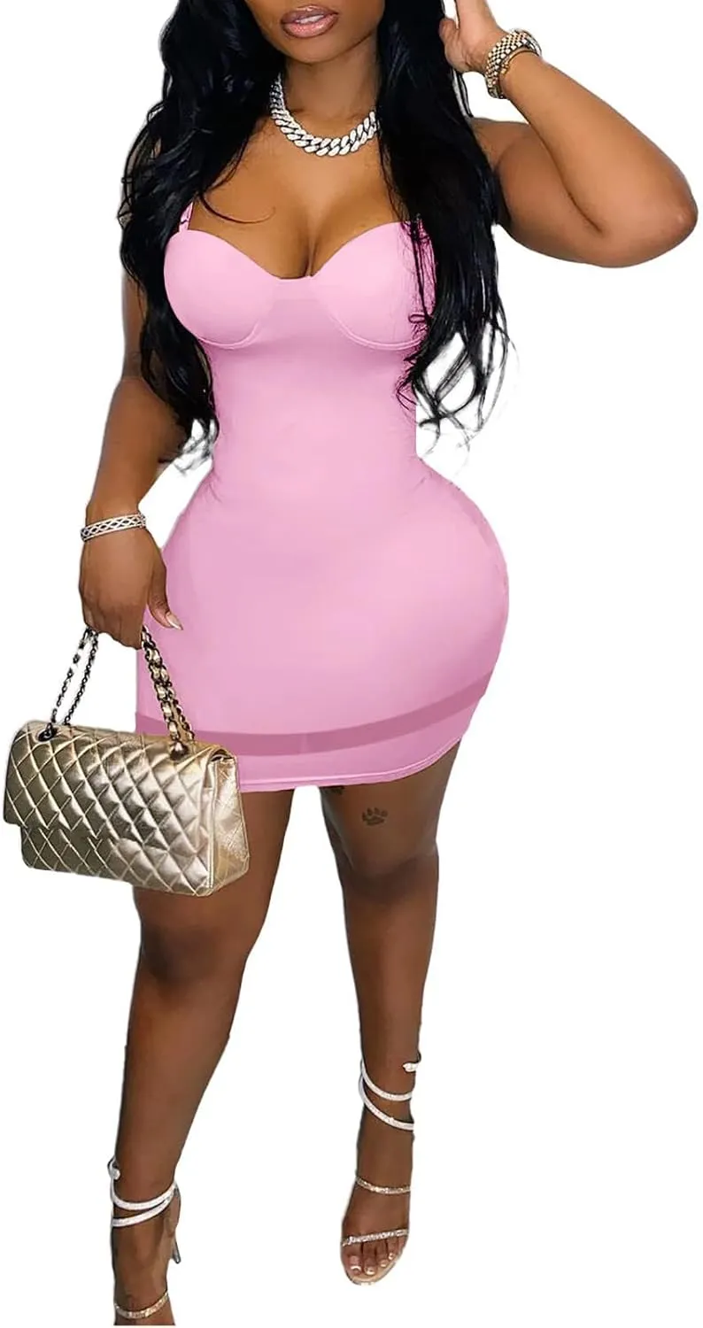 Women Sexy Spaghetti Strap Bodycon Mini Dress Sweetheart Neckline Mesh Hem Short Dresses for Club Party Night